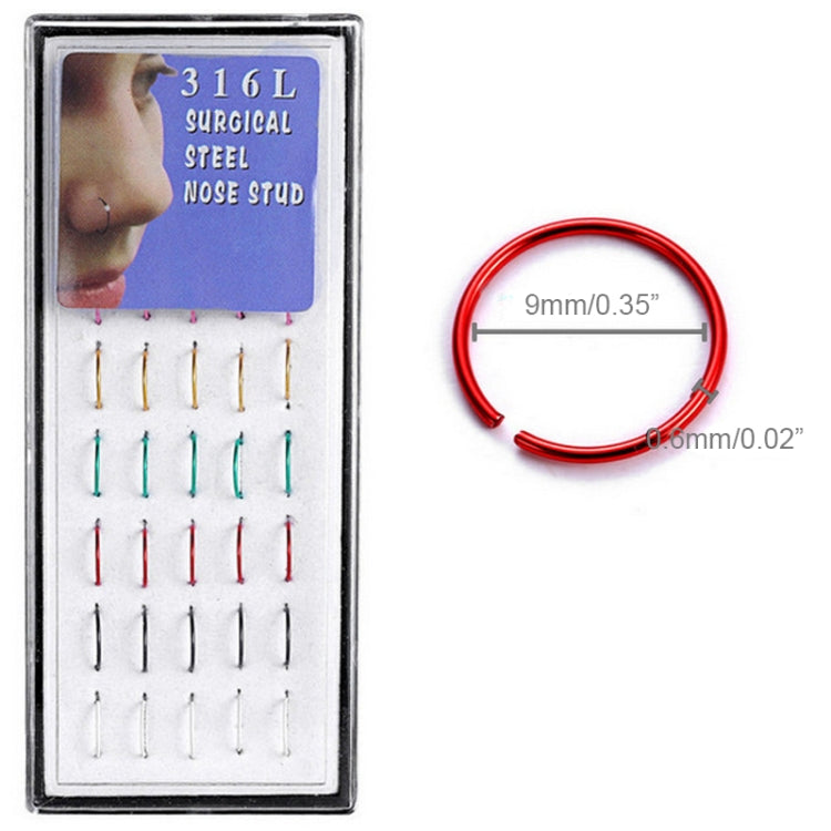 Red nose circle ring with size markings, shown with surgical steel stud set box