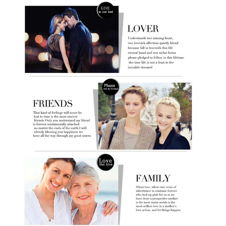 Brochure page collage with couple and family photos; bracelet not visible