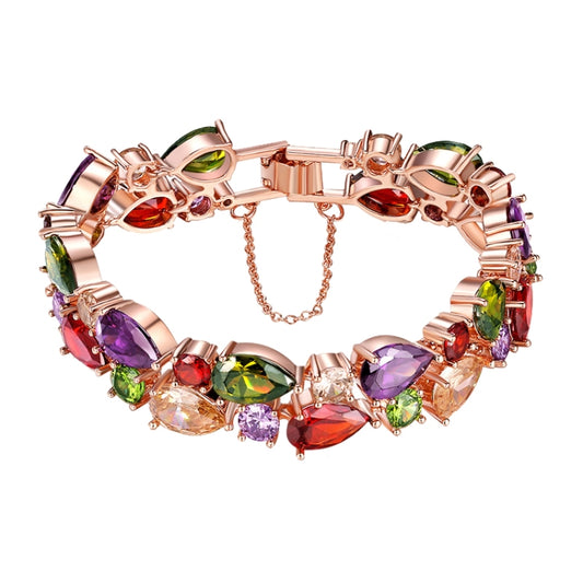 Rose gold tennis bracelet with colorful zircon stones and toggle clasp