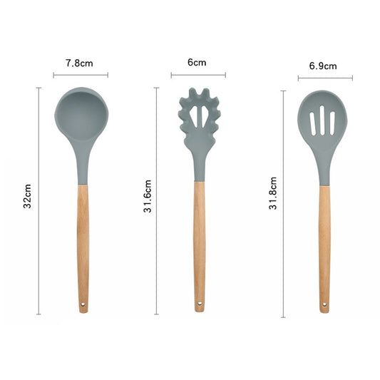 13 in 1 Silicone Wood Handle Heat-resistant Cooking Cutlery Sets Kitchen Tools with Large Container, 13 in 1, with Large Container