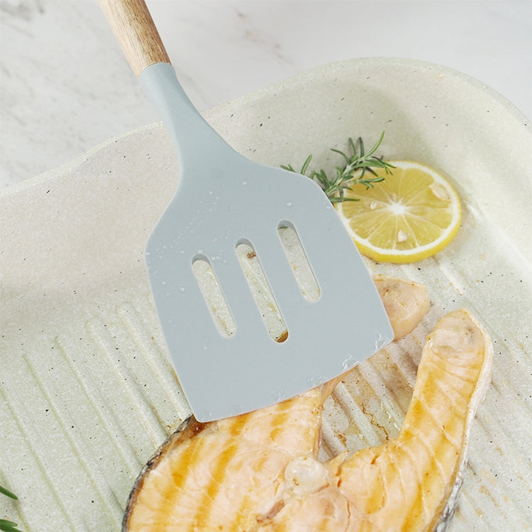 Heat-resistant silicone slotted utensil with wooden handle