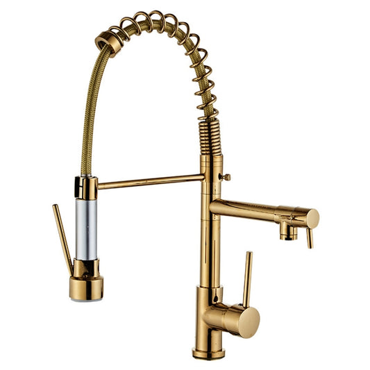 Copper Pull Type Large Spring Double Outlet Kitchen Sink Hot Cold Faucet, Gold