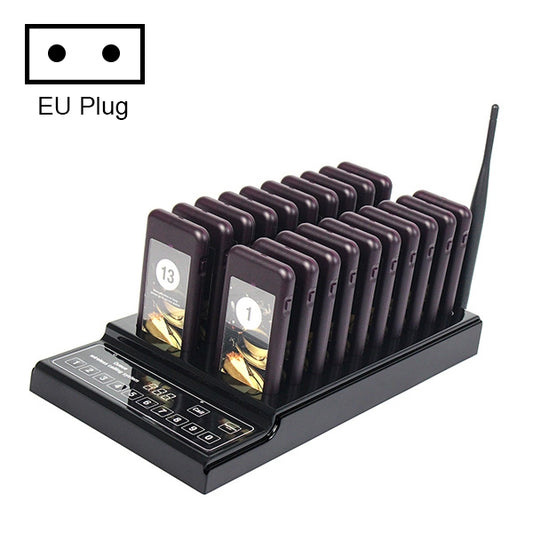 Black wireless paging base with antenna, keypad, and 20 charging slots