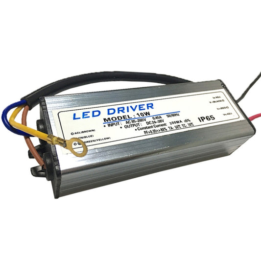 Metal LED driver adapter with input/output label and AC-to-DC wire leads