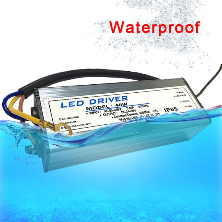 Waterproof LED driver adapter in water, showing output label and attached cables