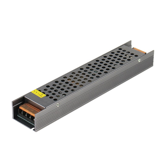 LED regulated switching power supply, end view with orange input terminal and vented casing