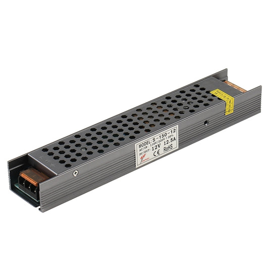 LED regulated switching power supply, gray metal housing with cooling vents and label