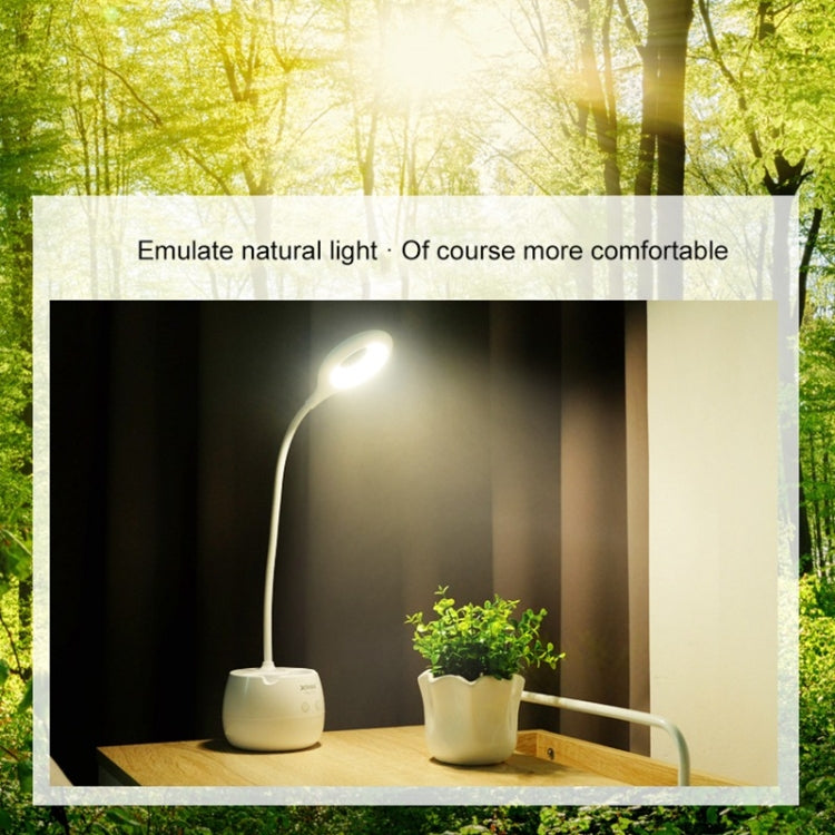 White ring-neck desk lamp with flexible gooseneck and round LED light head