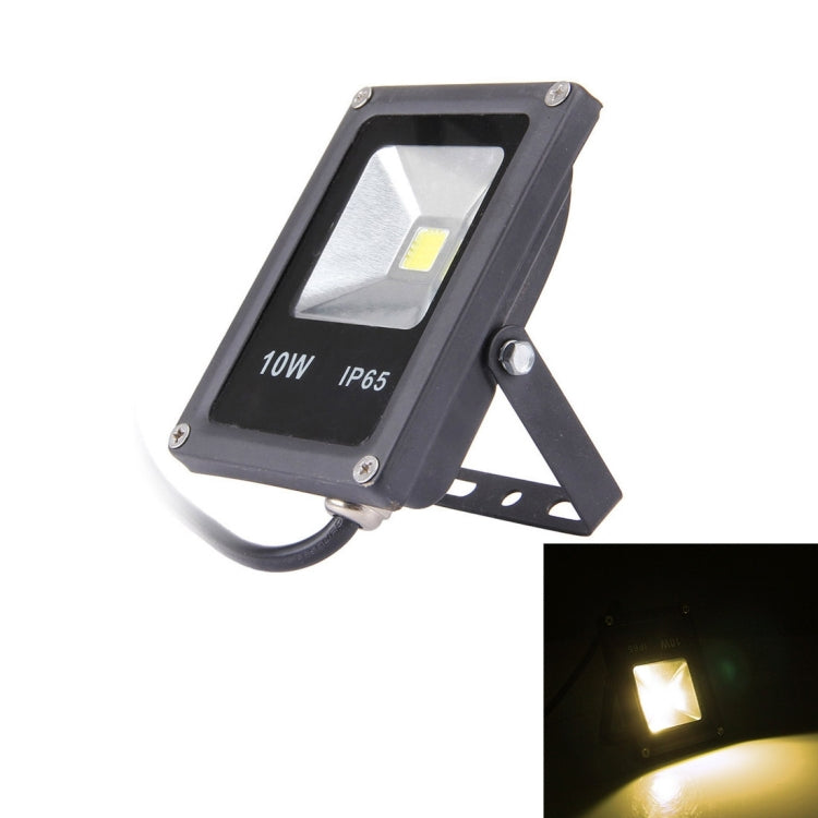 Black 10W IP65 LED flood light with adjustable bracket and warm white glow.
