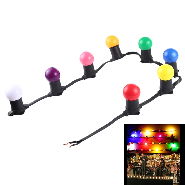 Multicolor LED string light with 8 colored globe caps and black wire, lit inset