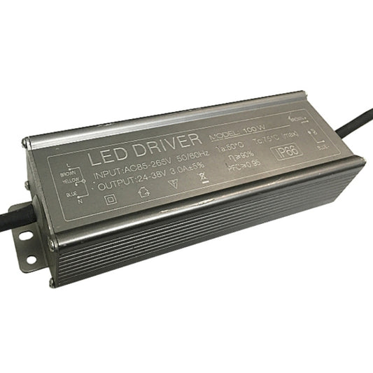 LED driver adapter end view showing input/output wiring terminals and metal mounting bracket