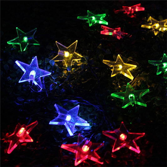 Solar-powered star LED string lights with multicolor glowing star bulbs