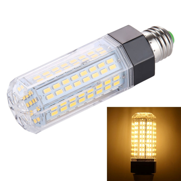 Clear LED bulb with E27 screw base, black housing; glowing warm light from LED grid