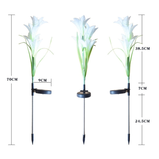 Solar lily LED lawn lamp with white simulated lily petals, green stems, black stake (sizes)