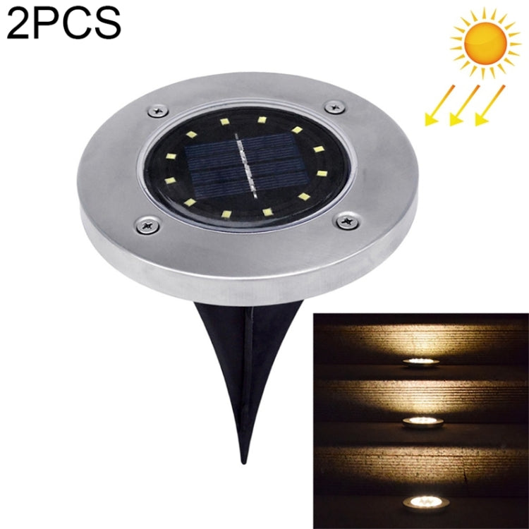 2-pack solar buried ground light with round panel and spike base, 12 LEDs