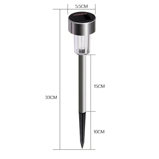 Solar garden stake light with stainless steel body and clear LED lamp, with size diagram