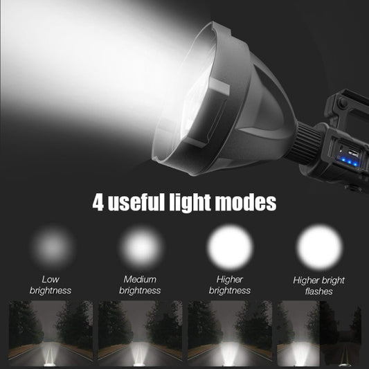 Rechargeable LED searchlight flashlight emitting a bright beam from the front reflector