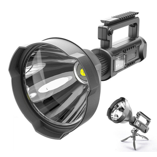 Rechargeable LED searchlight flashlight with wide cone reflector and black tripod stand