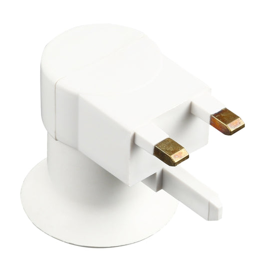 White E27 lamp holder adapter with two UK plug pins and built-in switch