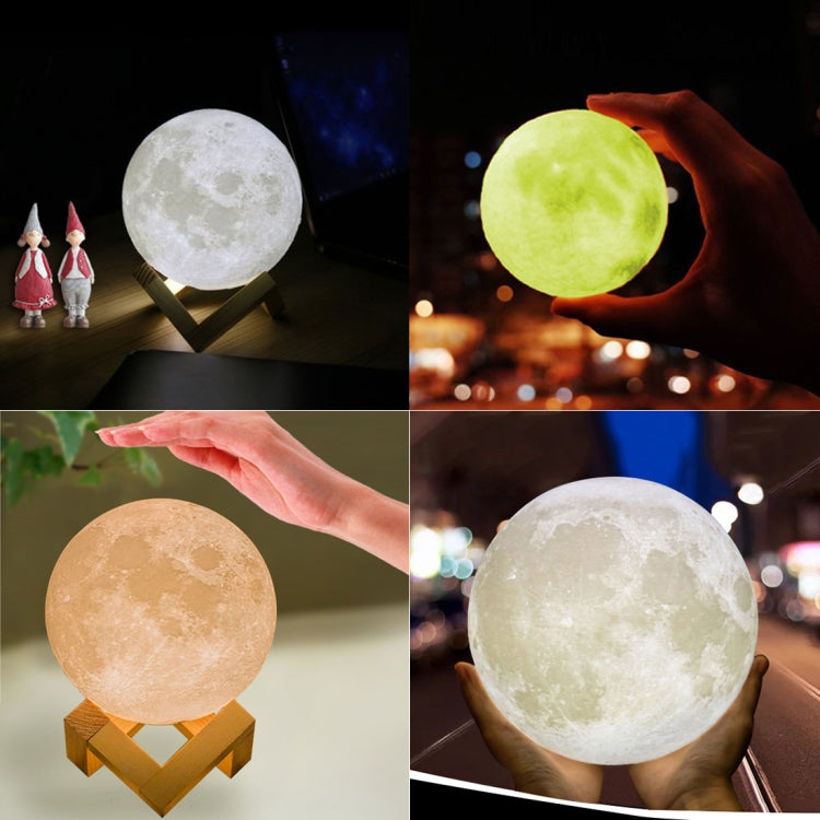 LED moon night light on wooden stand with changing green and white glow, shown in hand