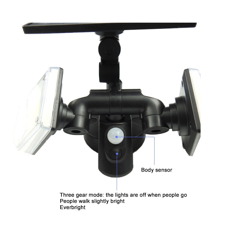 Black solar wall light with two adjustable LED heads and built-in body sensor