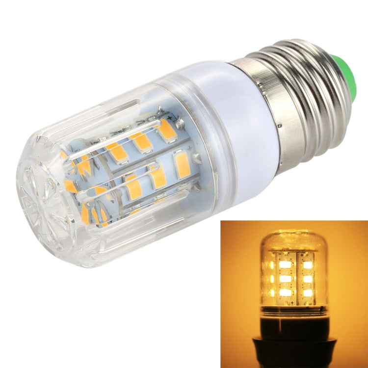 LED corn light bulb with warm yellow glow, clear lens, E27 screw base