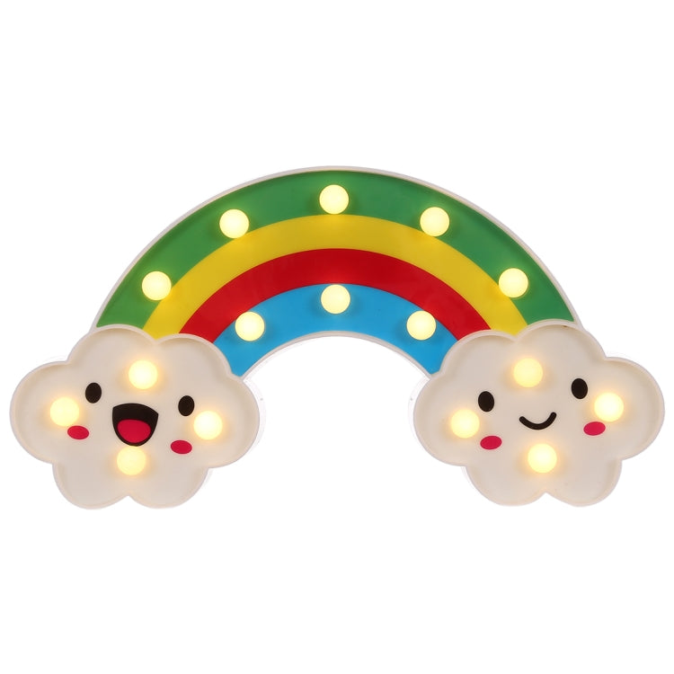Glowing rainbow LED night light with two cloud faces, warm bulbs lit on green and multicolor arc