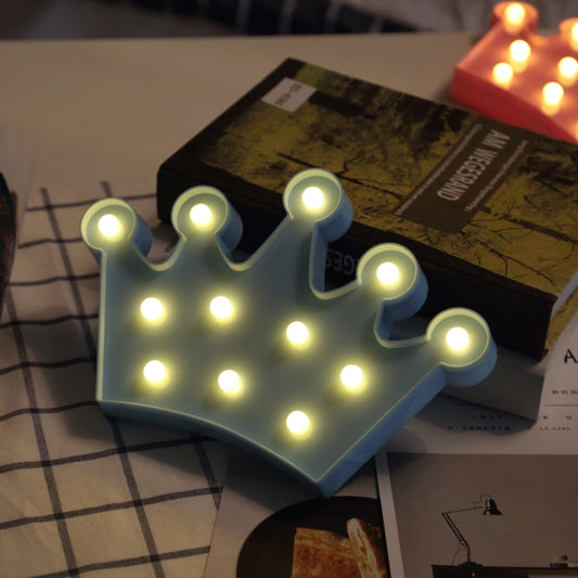 Blue crown LED night light with glowing bulbs, battery-powered table lamp