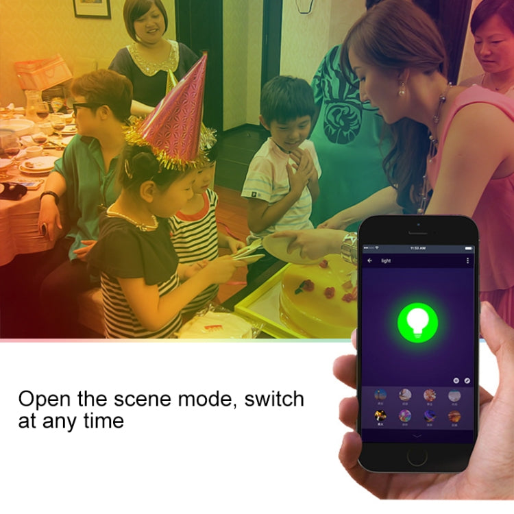 Smart bulb scene with family dinner and smartphone controlling a glowing LED light