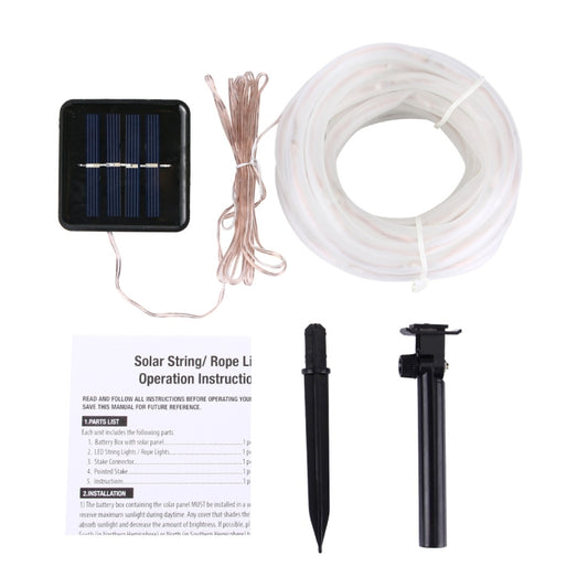 Solar string light kit with solar panel, white LED rope, stake, and instruction sheet