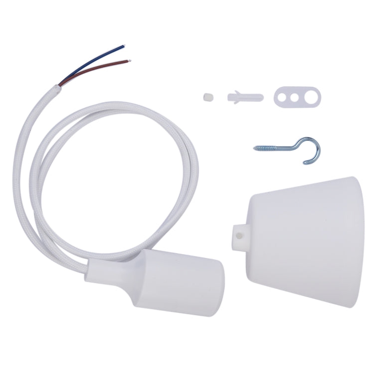 White E27 lamp holder kit parts: shade, socket, cable, mounting screw and bracket