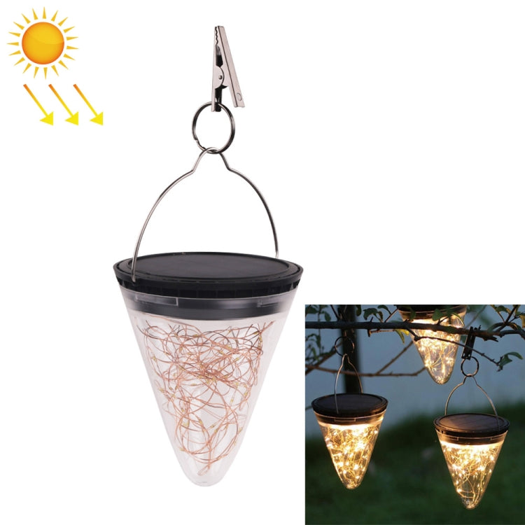 Solar conical starlight pendant lamp hanging by chain, clear cone glass over black base