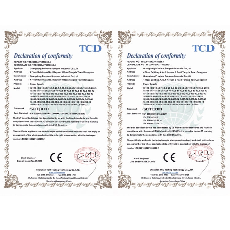 Two TCD declaration of conformity certificates printed text and compliance stamps