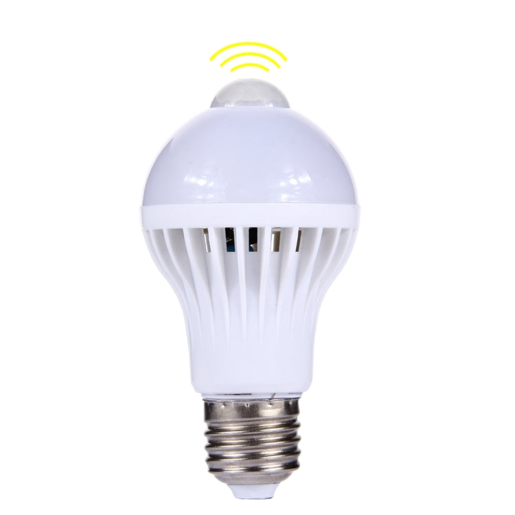 White E27 LED motion sensor bulb with yellow motion signal icon above
