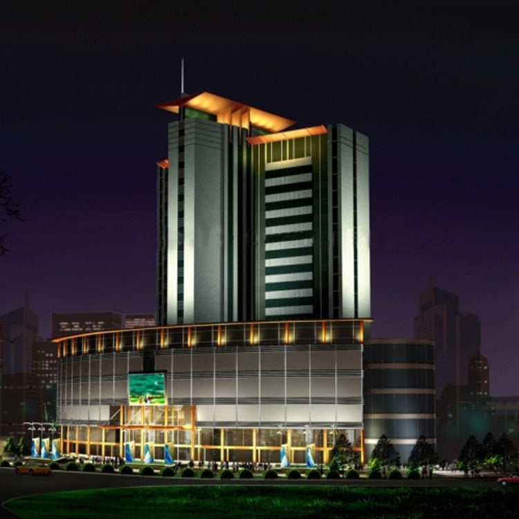 Warm-lit building facade with LED lighting strips