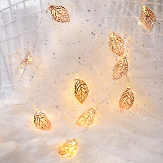 20 LED leaf fairy string lights with warm glow on rose gold leaf ornaments