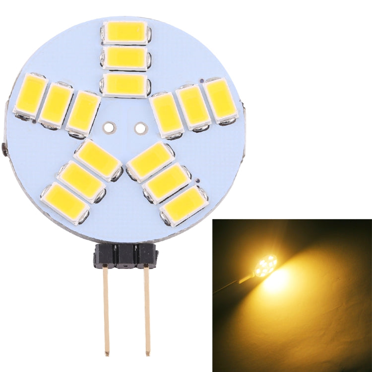 G4 LED pin bulb with 15 SMD 5730 chips and warm glow, two-prong base