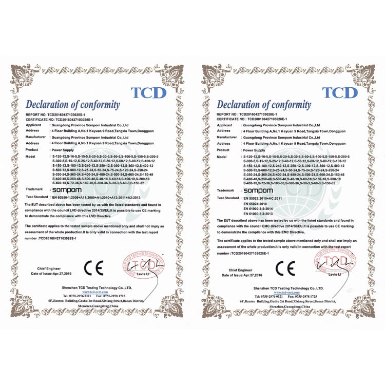 LED power supply Declaration of conformity certificates, two document sheets