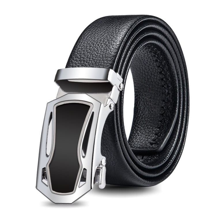 Men's black leather belt with silver automatic buckle and double-row wrap strap