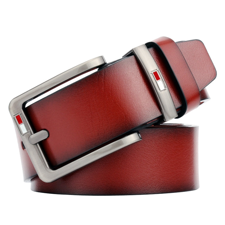Men's red-brown leather belt with silver pin buckle and red inlay detail