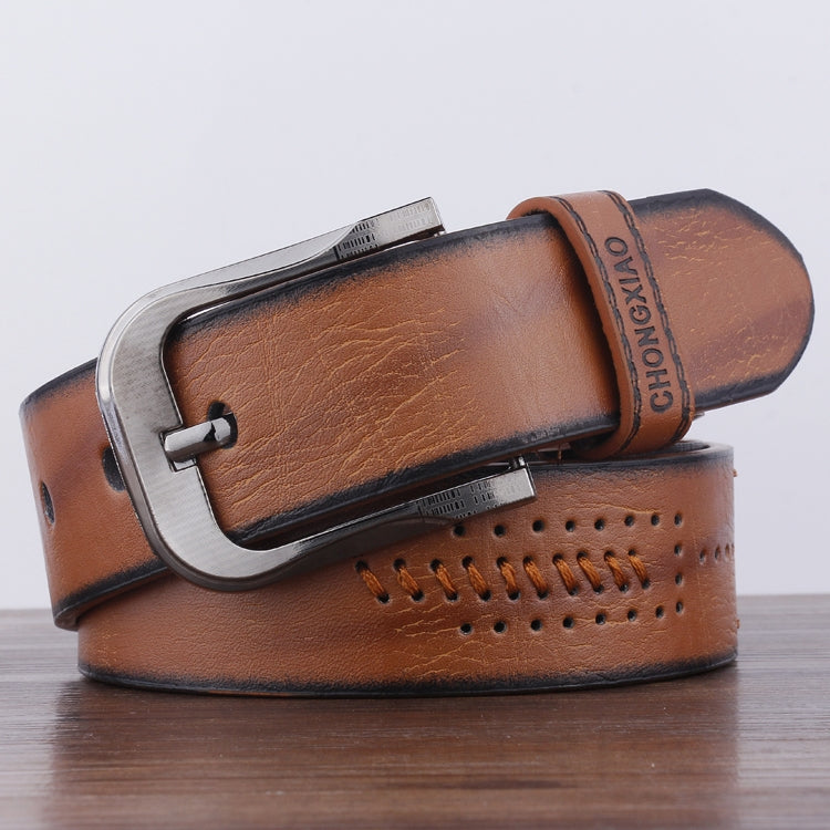 Men's brown retro leather belt with silver buckle and perforated contrast stitching