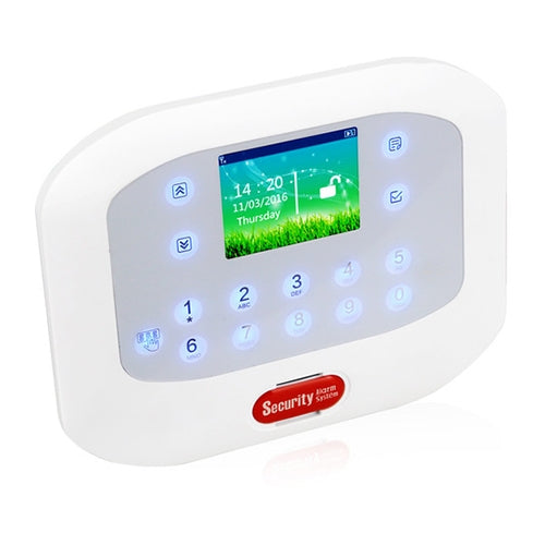 Wireless GSM alarm touch panel with illuminated keypad and red Security button, white case