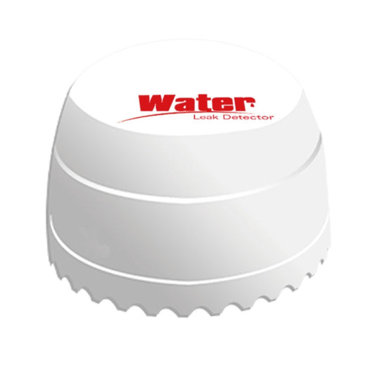 White wireless flood detector dome with ridged base and Water Leak Detector logo