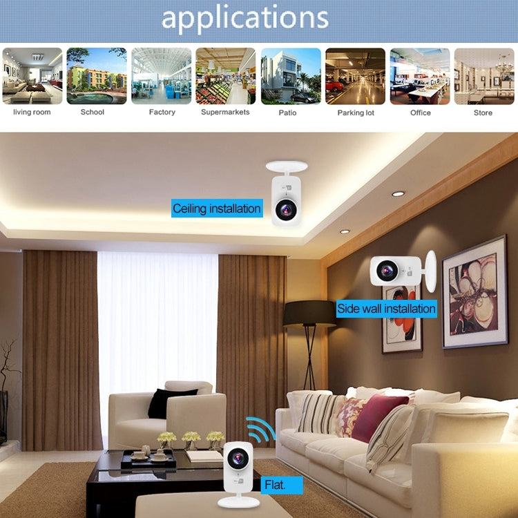 Smart Wi-Fi IP camera with installation options for ceiling, side wall, and flat placement
