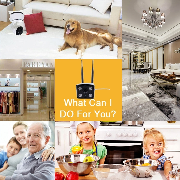 Dual-antenna Wi‑Fi security camera graphic with indoor monitoring scenes.