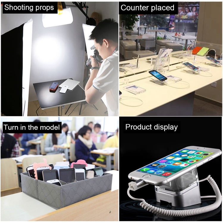 Phone anti-theft display stand showing mounted smartphone on clear base