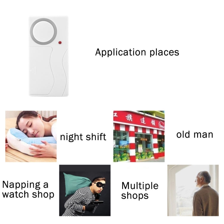 Door/window alarm sensor and remote control shown in multiple use scenarios collage