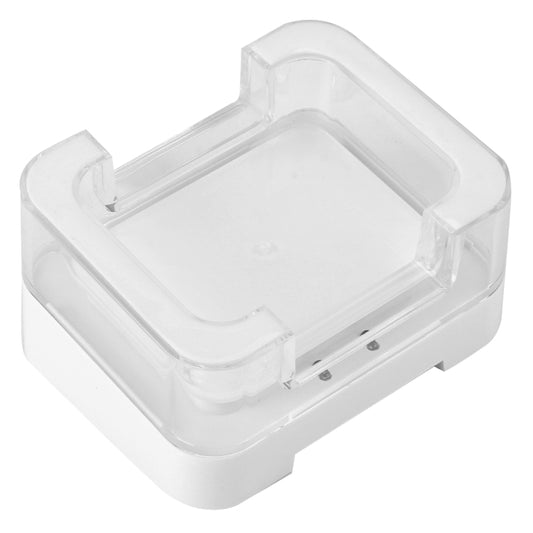 Transparent tablet display stand with open top cradle and cable entry slots