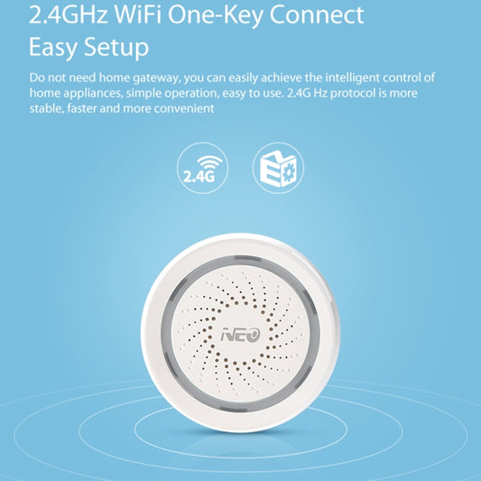 Compact white WiFi siren alarm sensor, front speaker grille in a circular housing