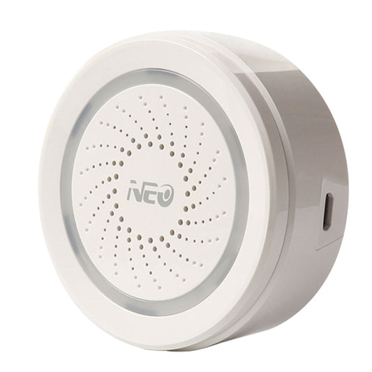 Round white WiFi siren alarm sensor with perforated speaker grille and gray rim